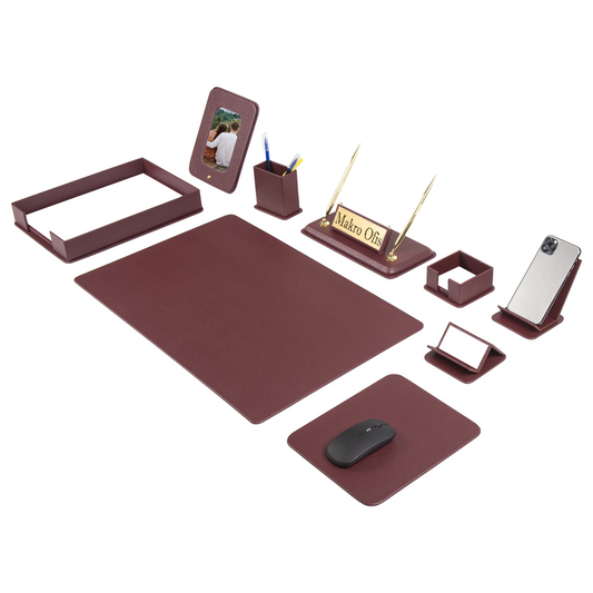 DORA Leather Desk Set - 11 Accessories - Burgundy