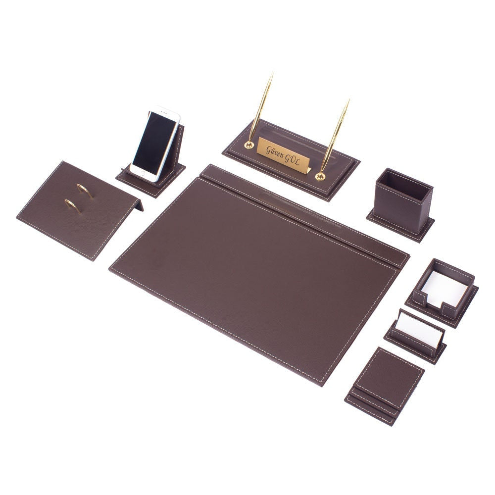 Vega 12-Piece Desk Set with Nameplate — Brown