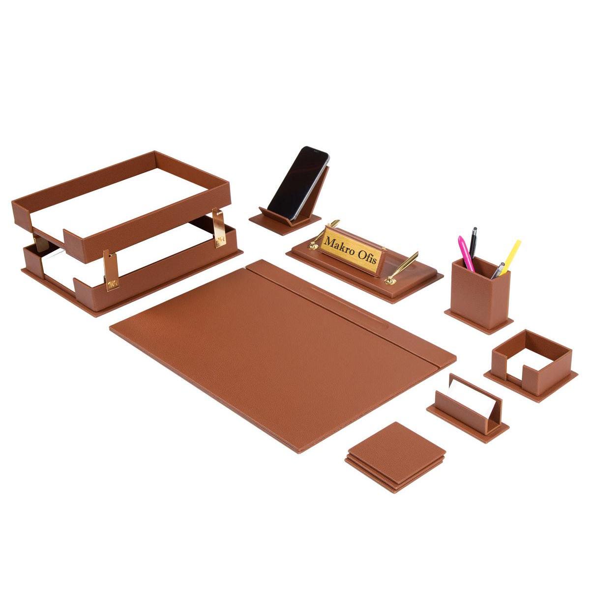 GALAXY Brown Leather Desk Set 12 Pieces With Double Document Rack