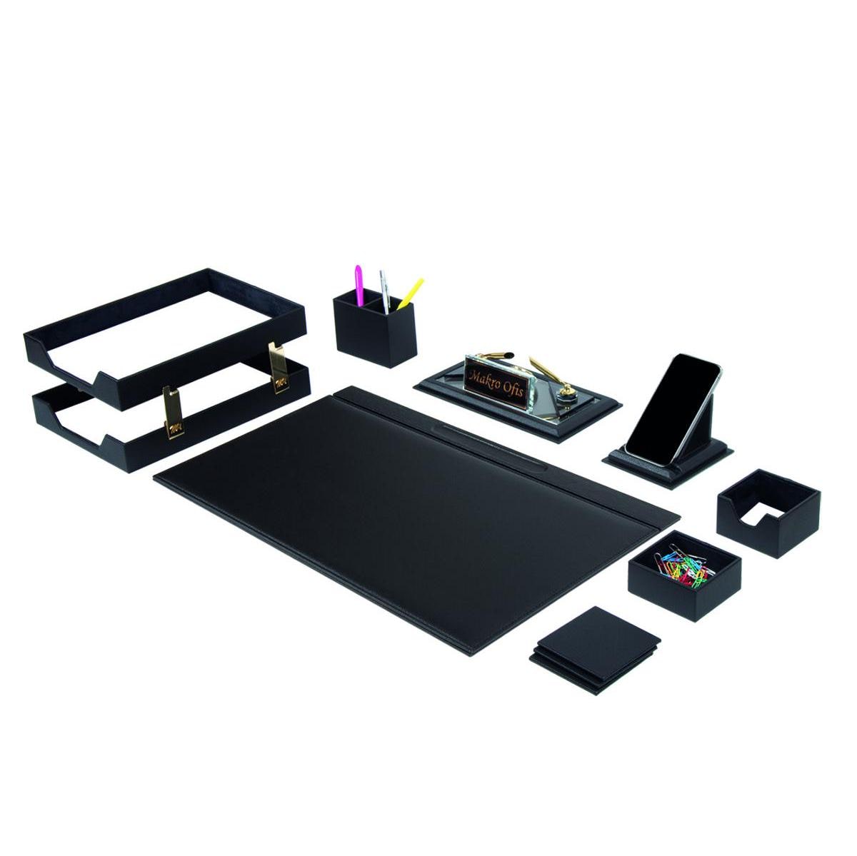 Chester Desk Set with Nameplate Clock — Black