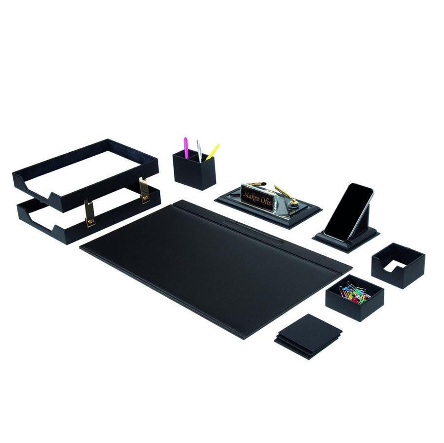 Chester Desk Set with Nameplate Clock — Black