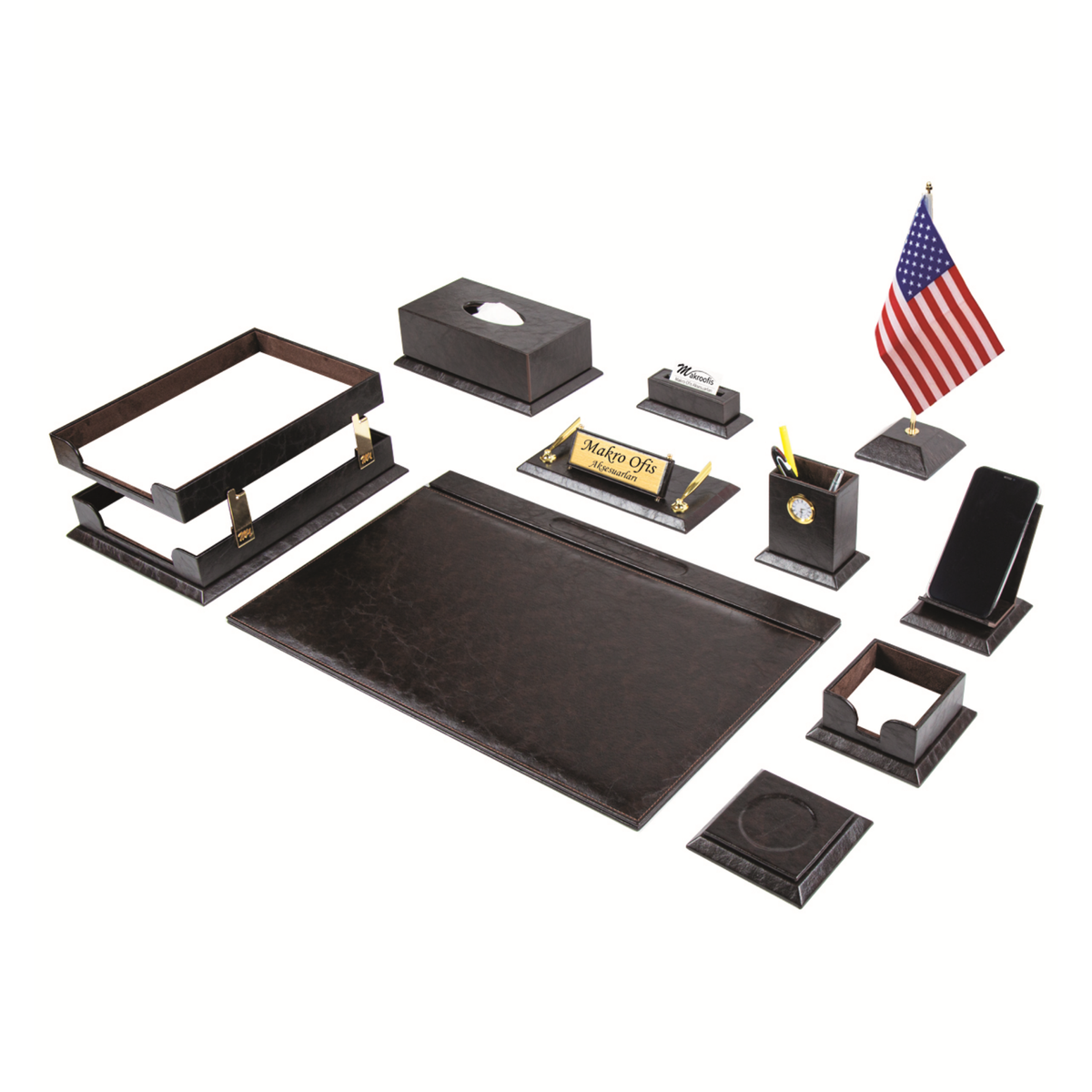 Elegance 12-Piece Desk Set with Desk Flag — Brown