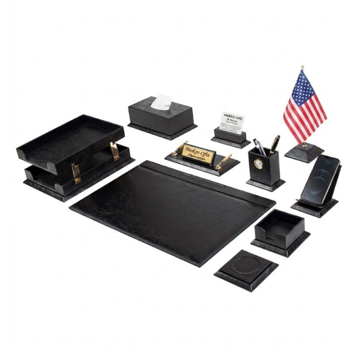 Elegance 12-Piece Desk Set with Desk Flag — Black