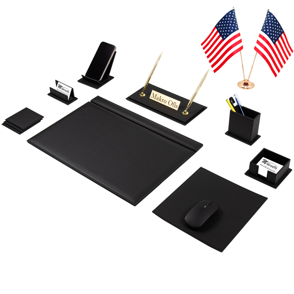 Venus 14-Piece Desk Set with Two Desk Flags — Black