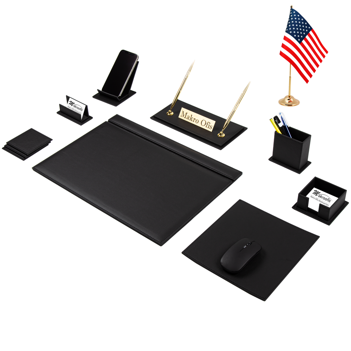 Venus 13-Piece Desk Set with Desk Flag — Black
