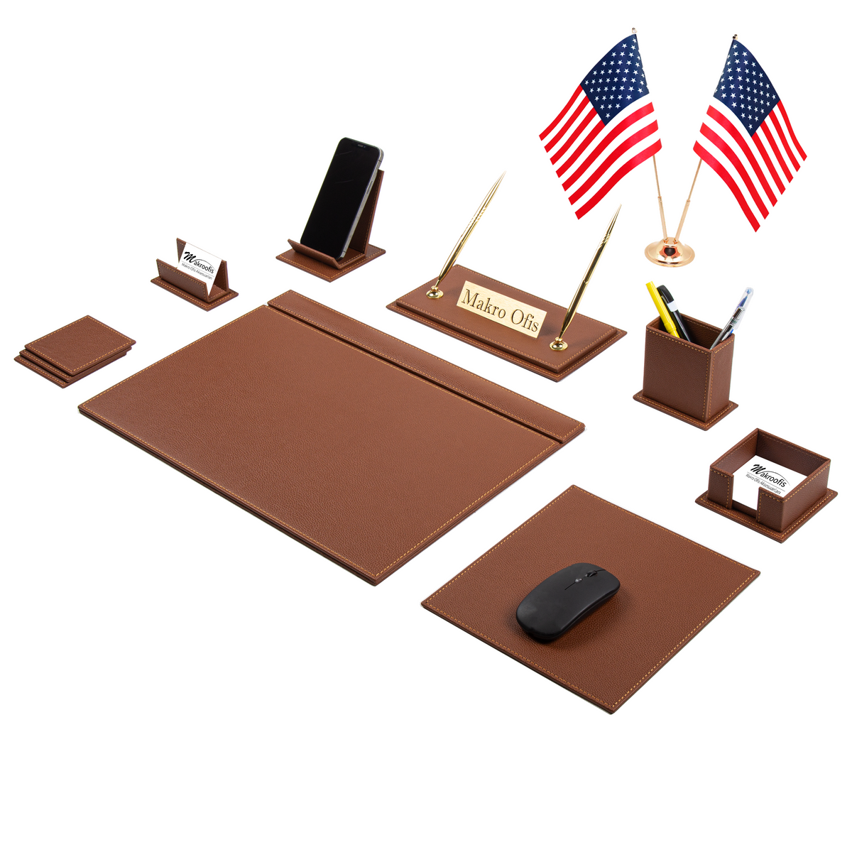 Venus 14-Piece Desk Set with Two Desk Flags — Tan
