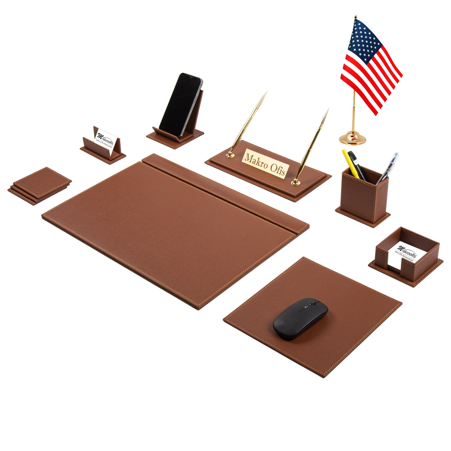 Venus 13-Piece Desk Set with Desk Flag — Tan