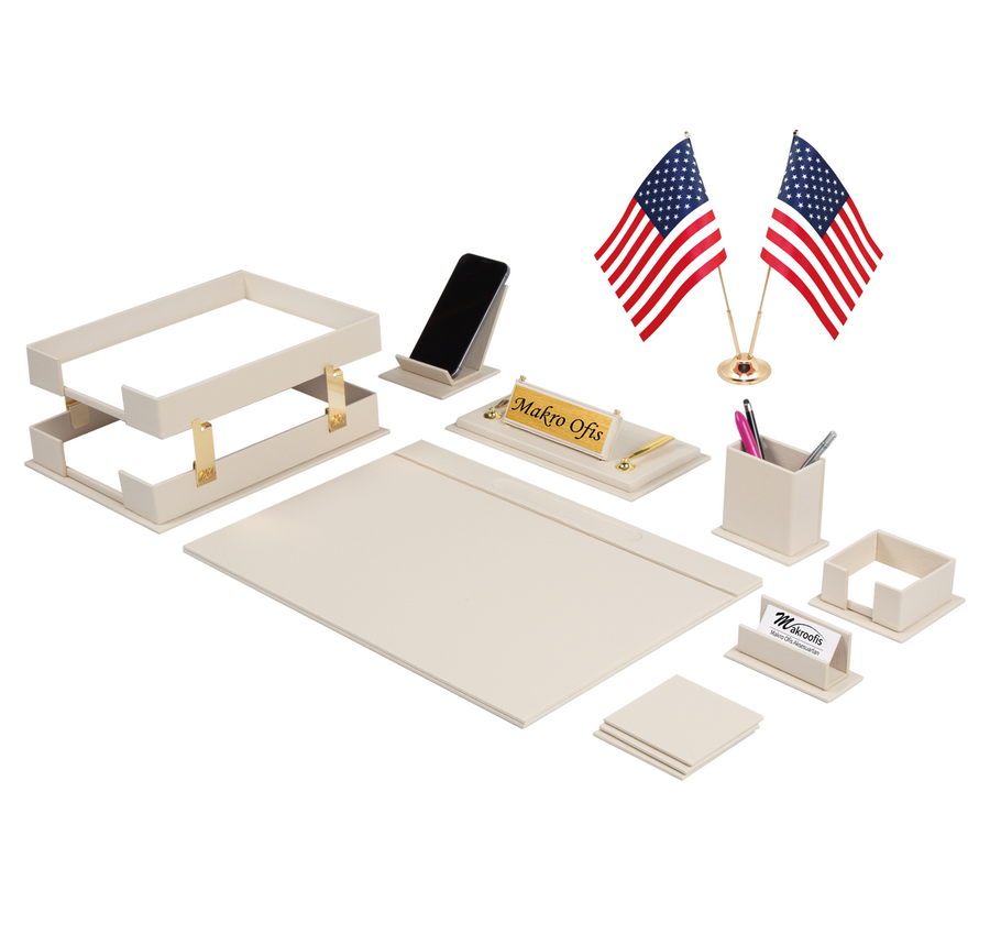 Galaxy 14-Piece Desk Set with Two Desk Flags — Cream