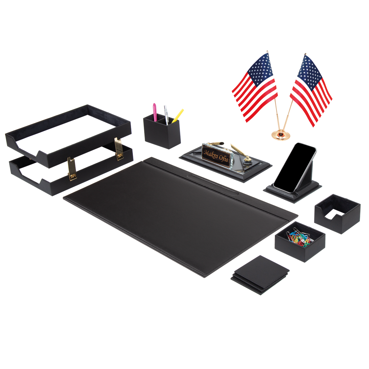 Chester Desk Set with Nameplate Clock — Black (28957)