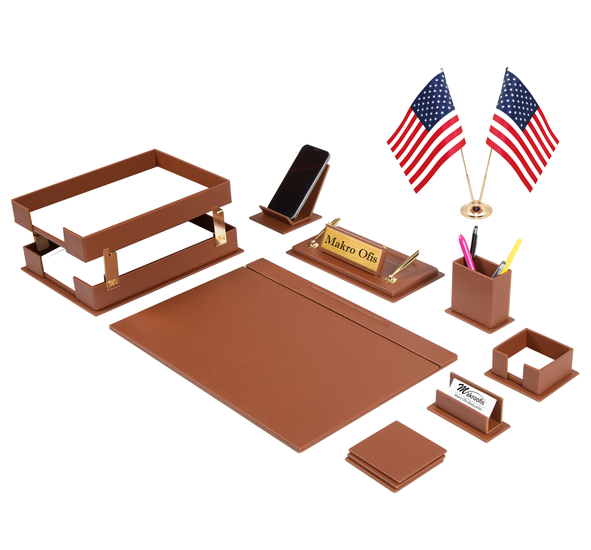 Galaxy 14-Piece Desk Set with Two Desk Flags — Tan