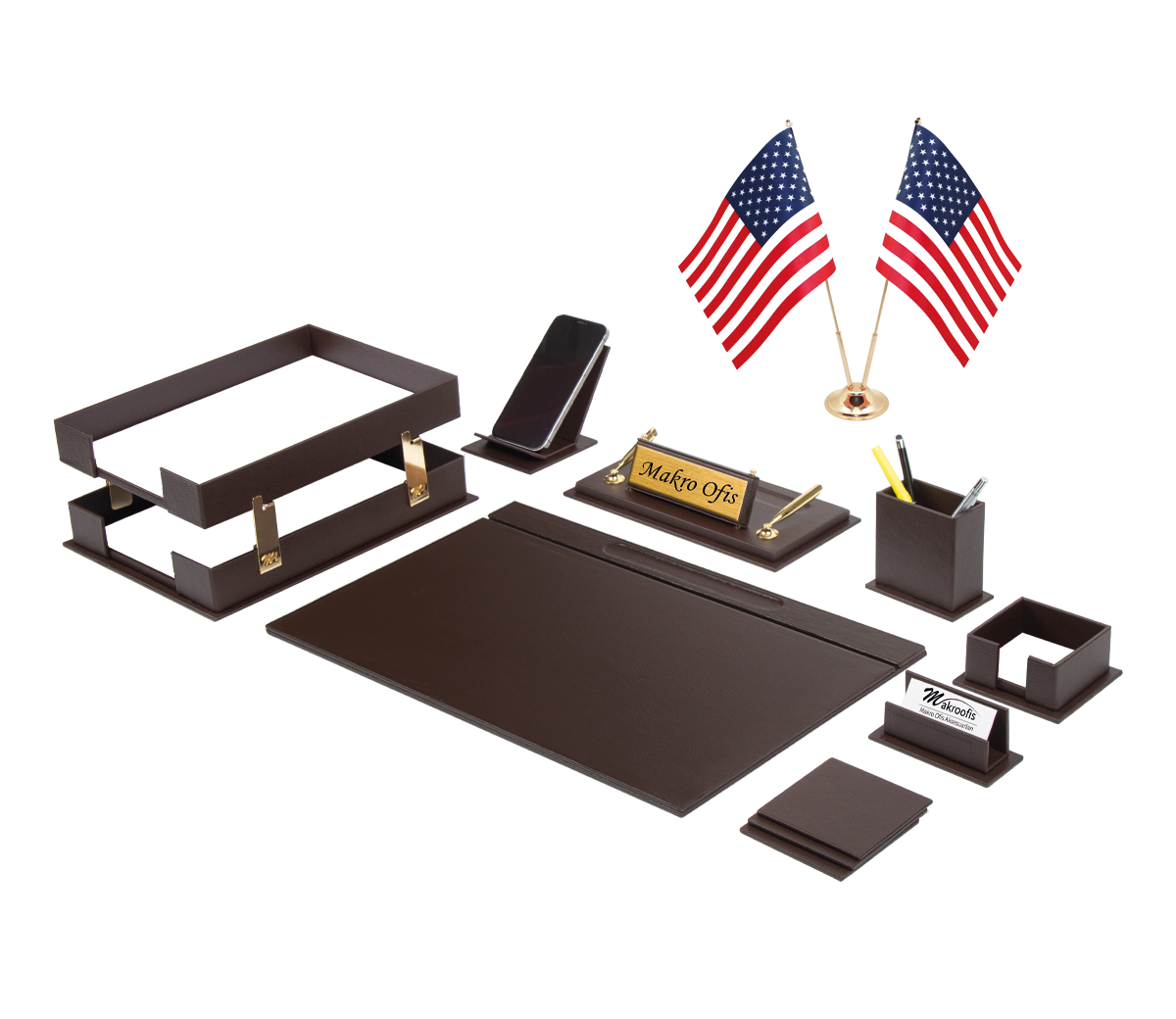 Galaxy 14-Piece Desk Set with Two Desk Flags — Brown