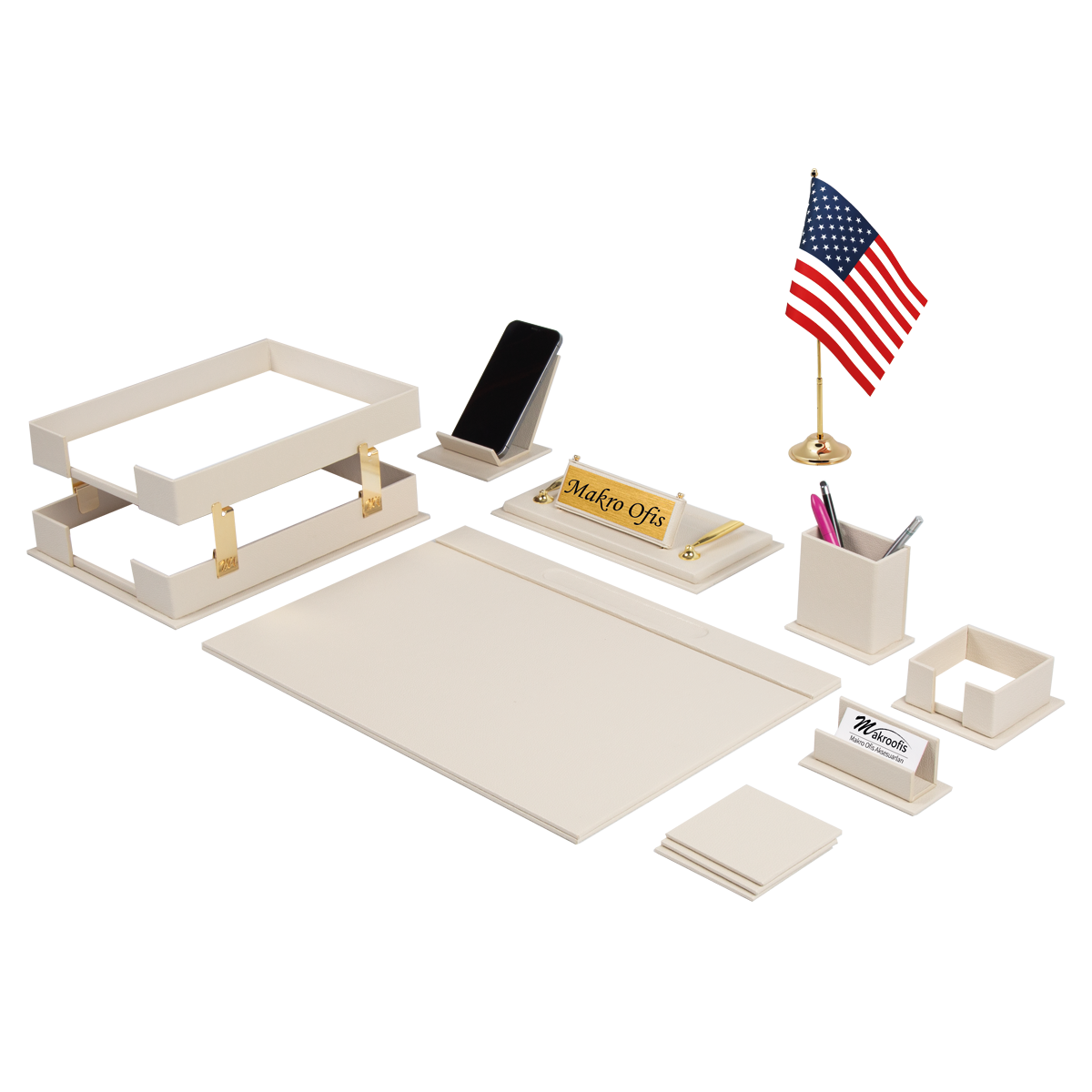 Galaxy 13-Piece Desk Set with Desk Flag — Cream