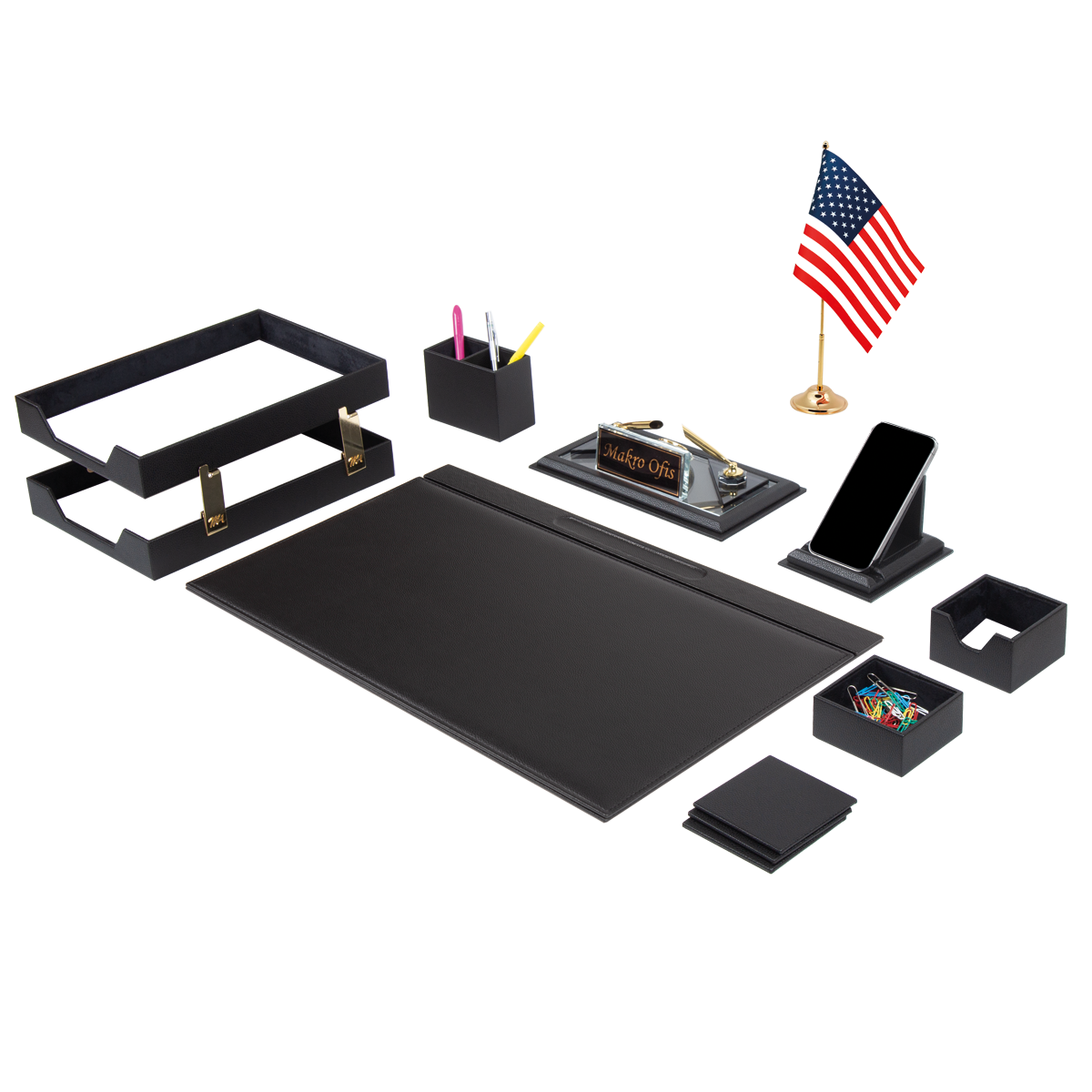 Chester Desk Set with Nameplate Clock — Black (32349)