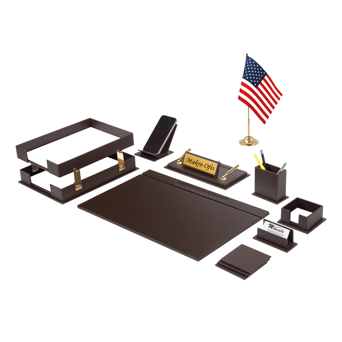 Galaxy 13-Piece Desk Set with Desk Flag — Brown