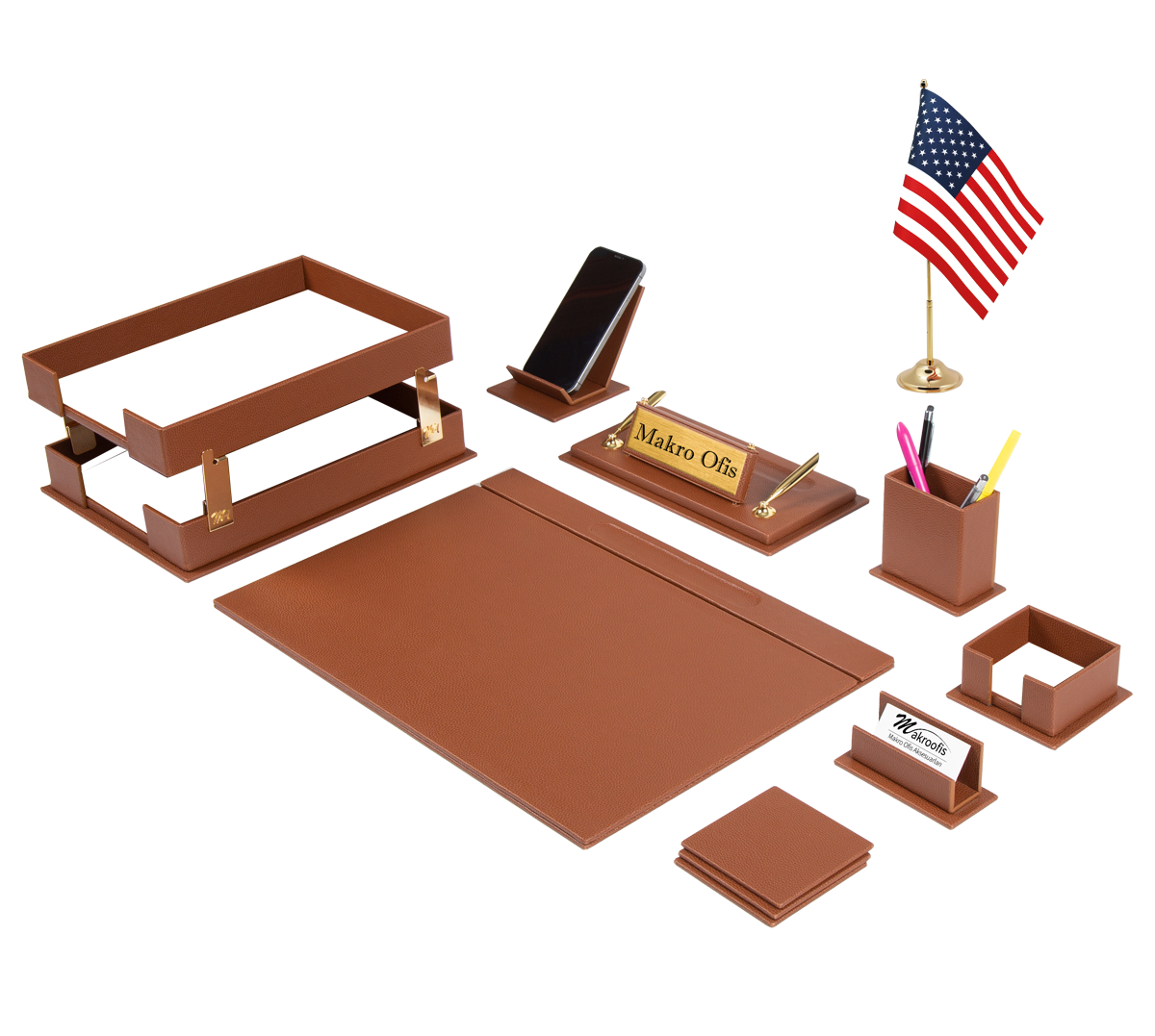 Galaxy 13-Piece Desk Set with Desk Flag — Tan