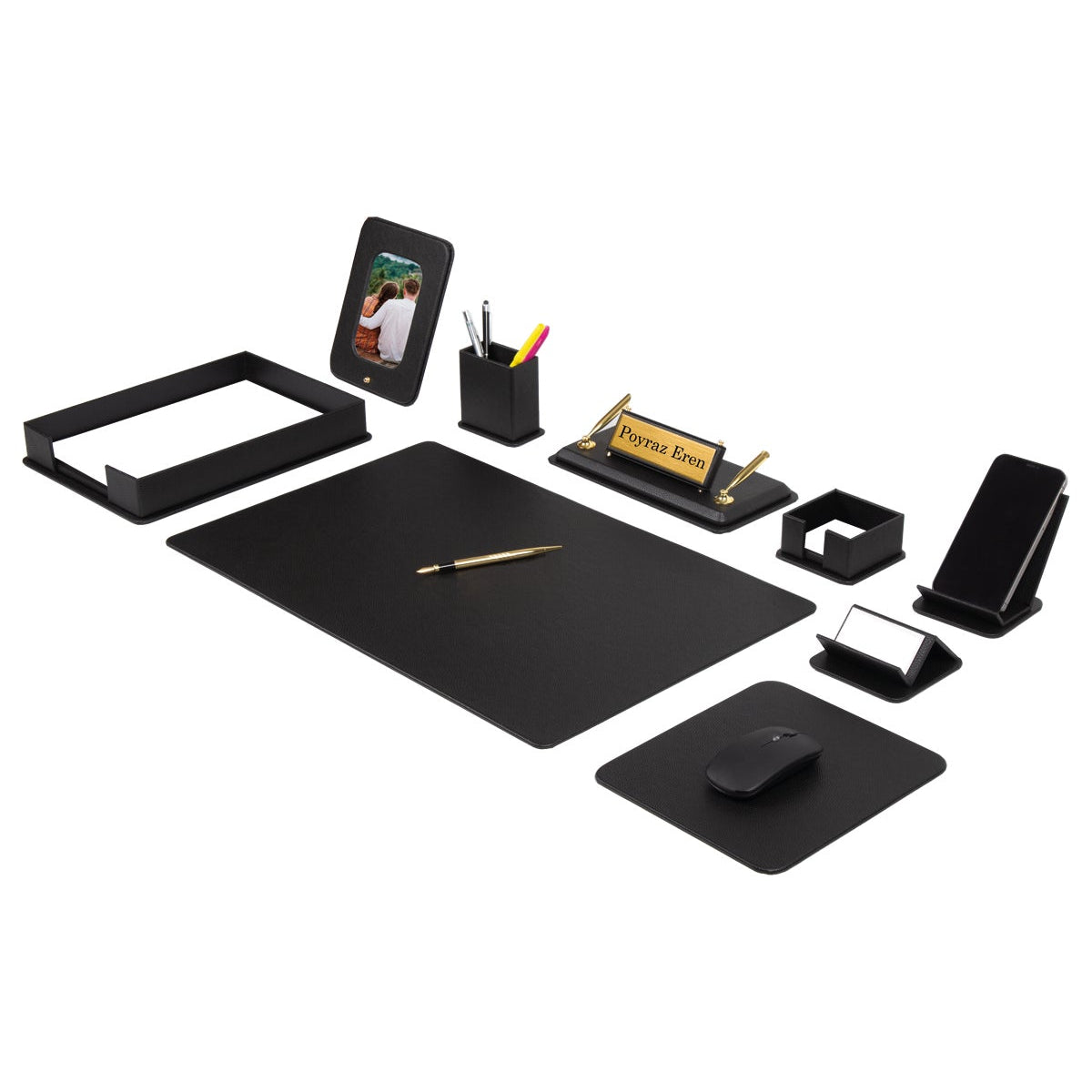 DORA Leather Desk Set - 11 Accessories - Black