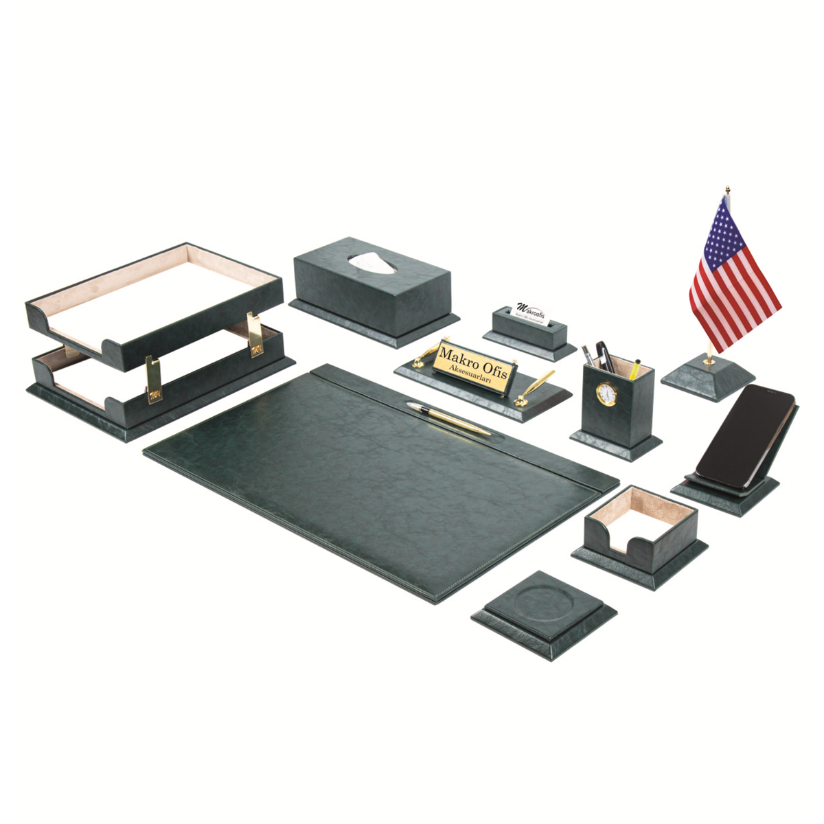 Elegance 12-Piece Desk Set with Desk Flag — Green