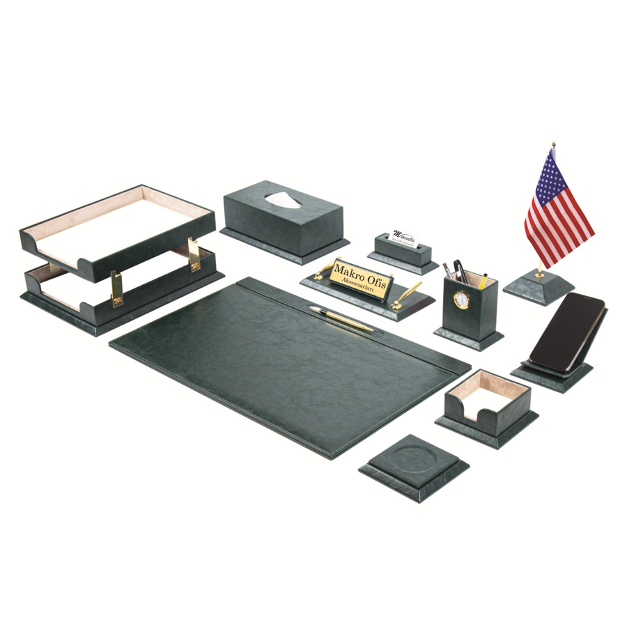 Elegance 12-Piece Desk Set with Desk Flag — Brown