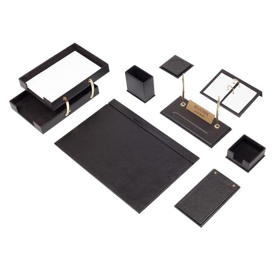 Luna Leather Desk Set 10 Accessories Black With Double Document Rack