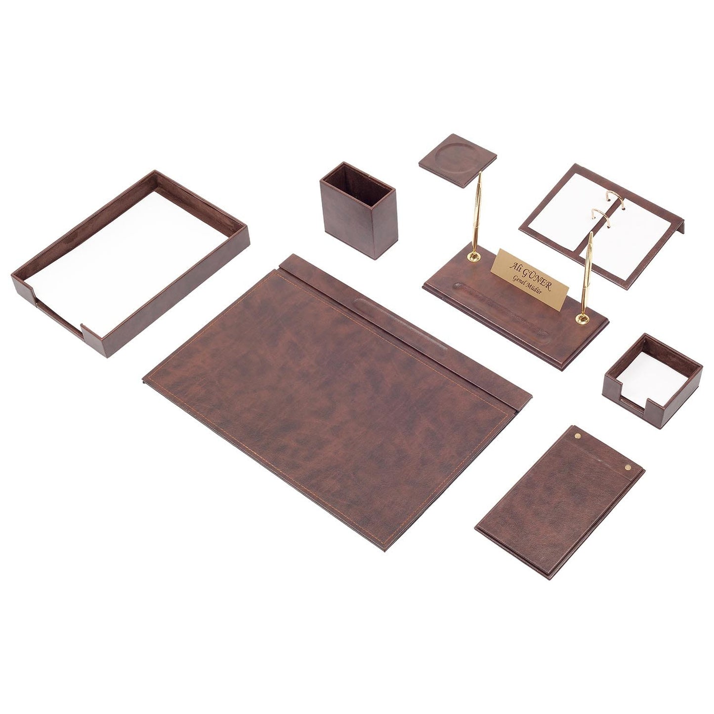 Luna Leather Desk Set 10 Accessories Brown